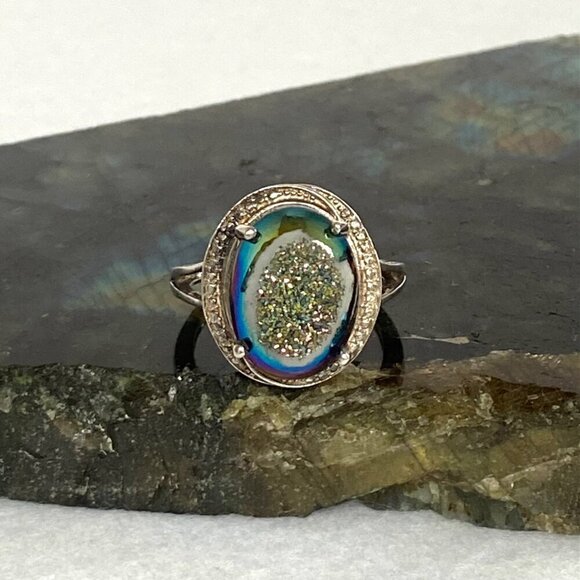 Sterling Silver 925 STS Oval Titanium Aura Quartz Druzy Ring Sz 8.5 - Picture 2 of 16